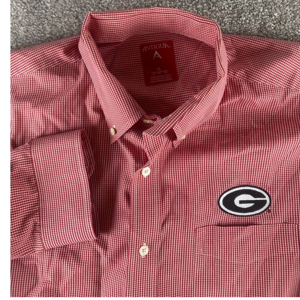 Antigua Georgia Bulldogs Mens XL Red Gingham Button Down Shirt UGA Logo Long Slv